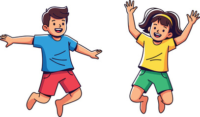 Happy, joyful children jumping high with excitement, celebrating fun, carefree childhood, active friends playing together, vector illustration.