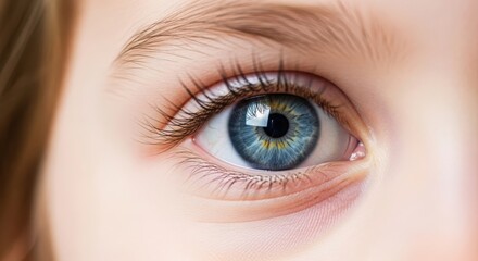 Fototapeta premium Extreme closeup of a human eye with blue iris and detailed texture, reflecting light and showing individual eyelashes