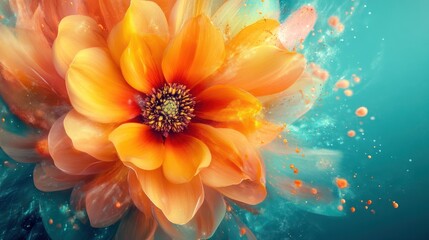 Obraz premium Orange flower explosion in teal background