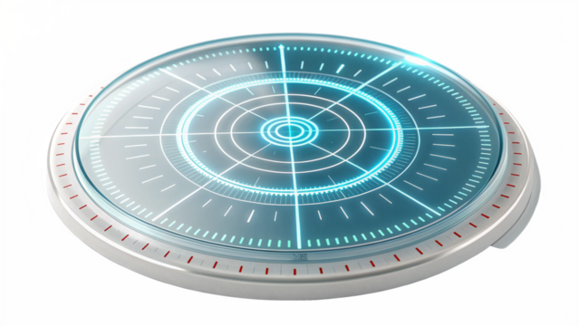 Circular futuristic device with a glowing blue holographic display and targeting reticle, isolated on transparent background