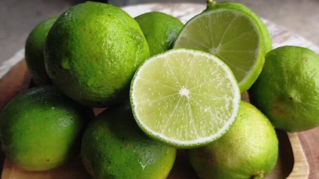 Fresh limes on a brown wooden plate