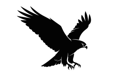 Obraz premium A black silhouette of a raptor bird with wings spread, descending.