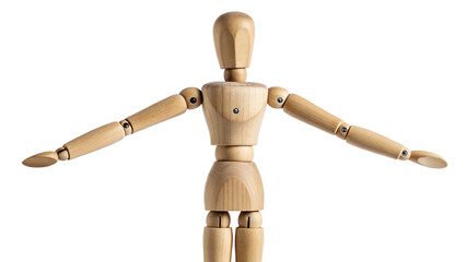 A wooden artists mannequin with articulated joints, arms outstretched, isolated on transparent background