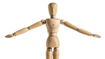 A wooden artists mannequin with articulated joints, arms outstretched, isolated on transparent background