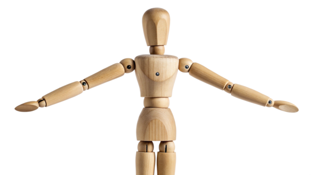 A wooden artists mannequin with articulated joints, arms outstretched, isolated on transparent background