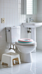 a bright modern bathroom interior with a white toilet, step stool, and folded children&rsquo;s training seat on top