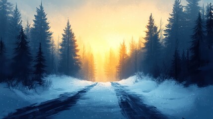 Snowy forest road at sunrise, tranquil winter scene, perfect for screensaver or wallpaper