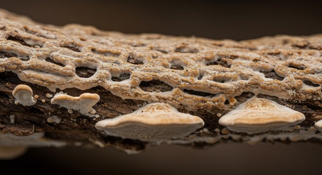 Closeup of wood log with fungus growth Features crustlike texture with pores and shelflike fungal bodies