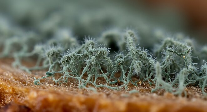 Closeup view of greenishgray mold on a textured brown surface Fine strands branch out