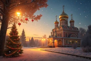 Magical Christmas Eve at a snow-covered Orthodox church. A festive winter wonderland with a decorated tree and warm lights under a starry twilight sky.
Generative Ai.