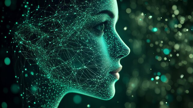 A futuristic digital profile portrait of a woman created with glowing green particle networks, symbolizing artificial intelligence, technology, data visualization, and the blending of science with art