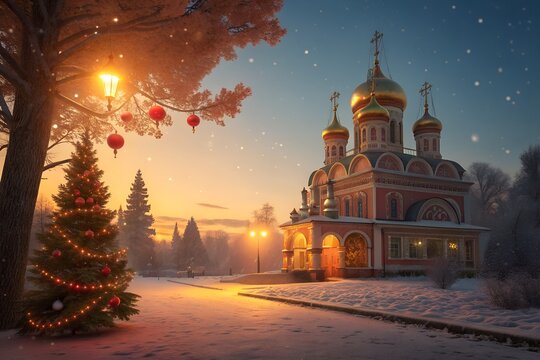 Magical Christmas Eve at a snow-covered Orthodox church. A festive winter wonderland with a decorated tree and warm lights under a starry twilight sky.
Generative Ai. - Powered by Adobe