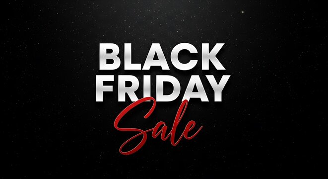 Photo of black friday sale text with sparkling red lettering on a dark background with floating particles, representing a special shopping event and discount