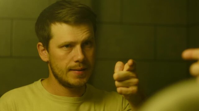 Optimistic young man practicing a success speech and psyching himself up in the bathroom mirror, using gestures and positive affirmations to boost his confidence before an important event
