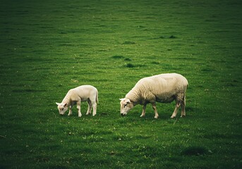 Fototapeta premium Mother Sheep and Lamb Grazing in a Lush Green Field.