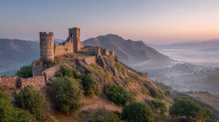 Fototapeta premium An ancient castle stands proud on a hill bathed in the warm glow of early morning light.