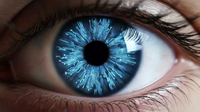 Close-up of a human eye reflecting digital circuits, symbolizing technology and innovation