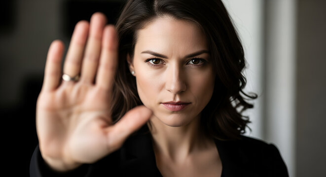 Young woman with hand raised showing stop gesture indoors  