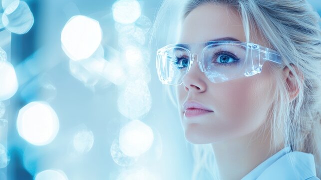 Renewable Scientist analyzing clean energy data on a digital tablet in a laboratory.