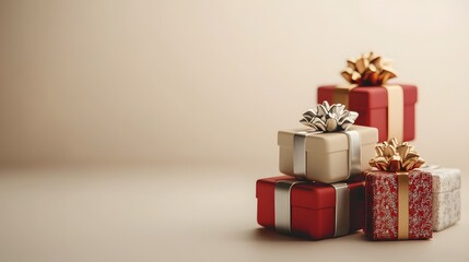 Luxury Christmas gift boxes in red and silver with golden ribbons on light cream background with copy space, elegant holiday composition for festive design, celebration, or winter banner.