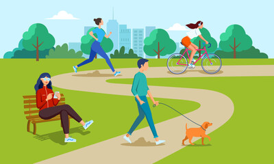 People are exercising and walking their pets in the park