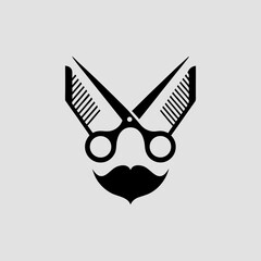 Barber shop logo with scissors comb and mustache