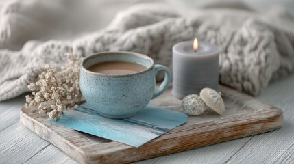 A cozy scene featuring a blue ceramic cup of coffee on a wooden tray. Nearby are decorative stones, a gray candle, and dried flowers. Soft fabric adds warmth.