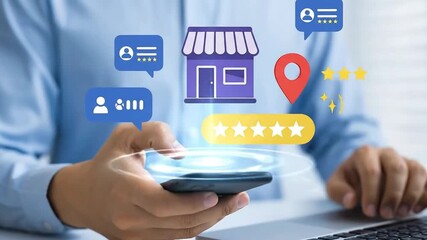 Holographic Local Business Search & Customer Reviews: Hand holding smartphone displaying shop icon, star ratings, and location pin for digital mark...