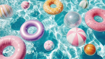 Brightly colored pool toys and floats drift on sparkling water evoking joyful summer vibes.