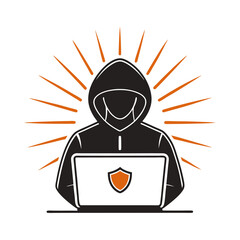 Anonymous hacker in a hooded sweatshirt working on a laptop with a shield icon