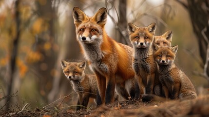 Fototapeta premium A family of chanterelles in the forest. A female fox and small foxes.
