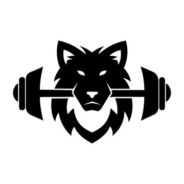 Silhouette of a fierce wolf head holding a barbell in its mouth for fitness and strength