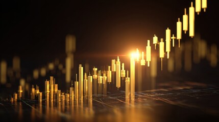 Shimmering golden candlestick charts depict stock market trends with rising values at sunset.