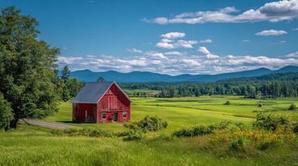 A striking red barn sits in a verdant landscape under puffy clouds and bright blue skies.