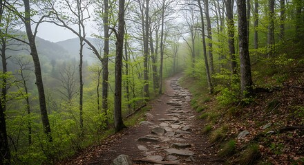 Fototapeta premium Misty Forest Path in Spring with Lush Green Foliage and Tall Trees.