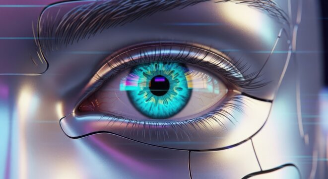 Extreme closeup of a robotic eye with a vibrant turquoise iris, showcasing intricate metallic details and futuristic design - Powered by Adobe