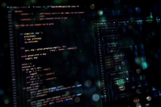 Software Development and Programming: Close-up of Python Code on a Dark Computer Screen with Abstract Digital Background