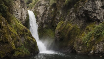 A majestic waterfall cascades into a pool below, framed by mossy cliffs in a serene landscape