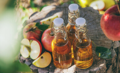 Apple cider vinegar in the garden. Selective focus.