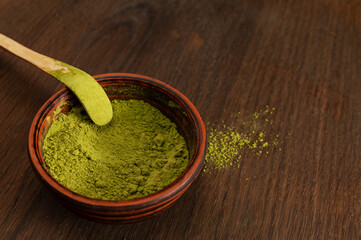 Japanese ceremony . Green powder tea matcha , healthy drink. Rustic background