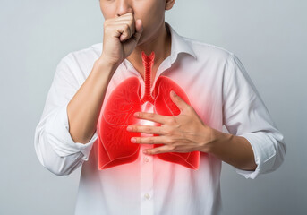 Man suffering from lung distress, experiencing a symptom of respiratory disease or asthma, highlighting human anatomy and health issues.