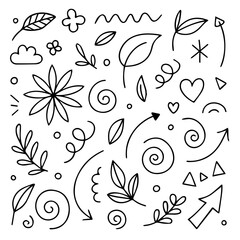 Hand drawn marker simple elements set. Grunge doodle leaves, heart, emphasis, flower, arrows and shapes. 
