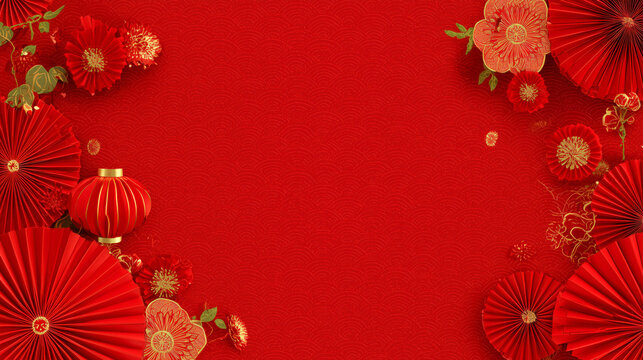 Chinese New Year Red background with red lanterns and flowers.
