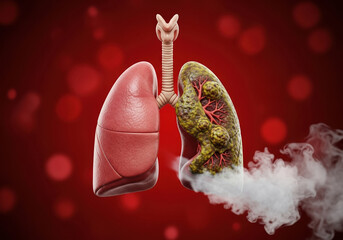Severe Lung cancer Disease Anatomical Human Lung with Cancerous Tumor Emitting Toxic Smoke for Awareness Campaign
