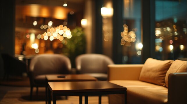 Soft armchairs and elegant tables create a welcoming space for relaxation and socializing at night.