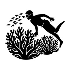 Silhouette of a diver swimming near coral reefs and a school of fish