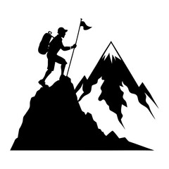 Silhouette of a hiker planting a flag on a mountain peak