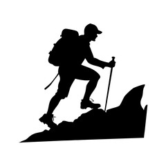 Silhouette of a hiker climbing a rocky mountain with trekking poles