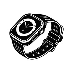 Hand drawn illustration of a modern smartwatch with a black strap