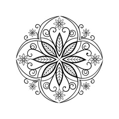 Intricate hand drawn floral mandala design in black and white